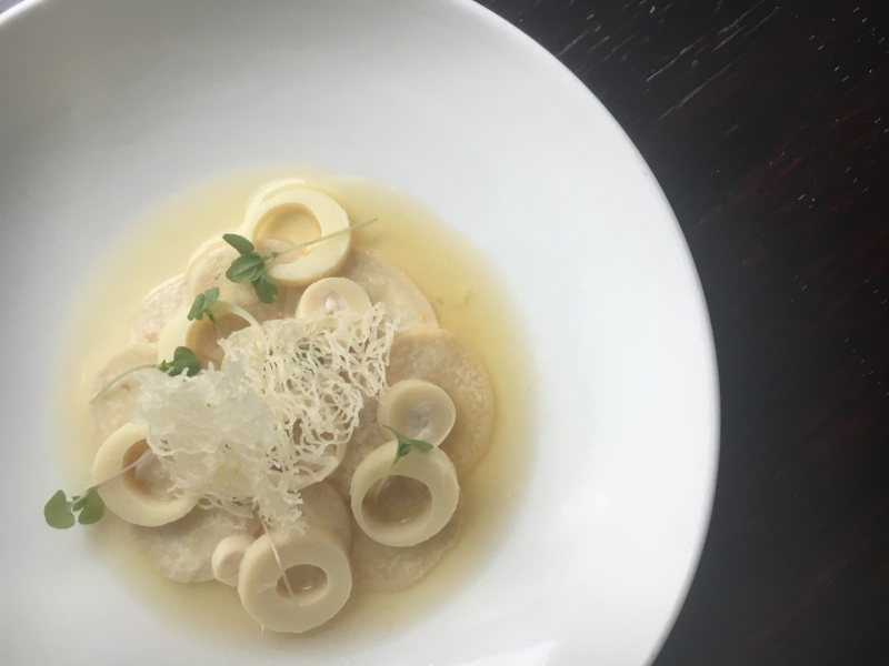 King trumpet mushroom crudo infused with pineapple and jalapeño vodka at Mother of Pearl in Manhattan.